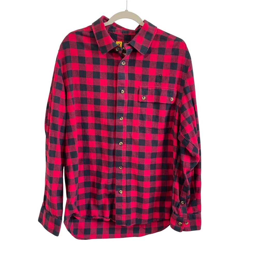 Browning Mens Red Black Buffalo Plaid Cotton Flannel Shirt Large Long Sleeve